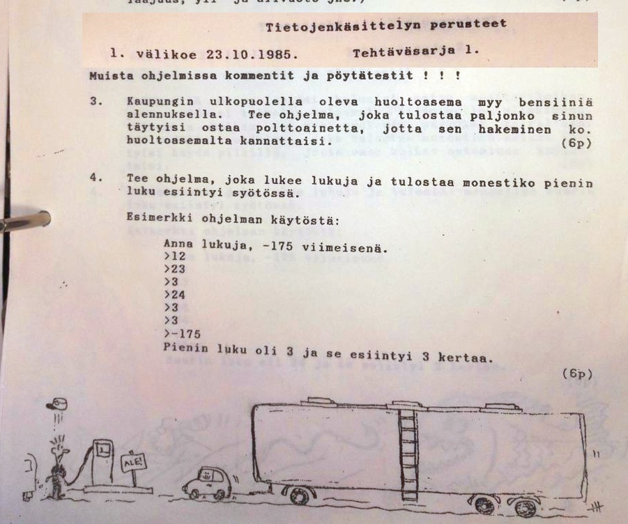 Tietojenkäsittelyn perusteet, välikoe 1985, ohjelmatehtävä