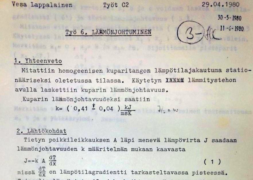Fysiikan työ, 29.4.1980, kirjoituskone + käsin täydentäminen