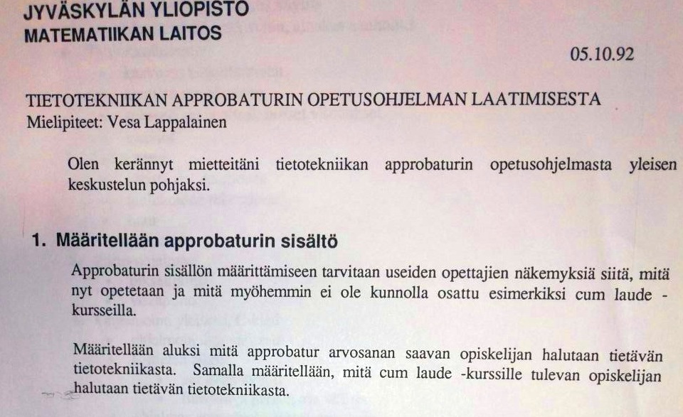 Kirjoitus opetussuunitelmasta 1992