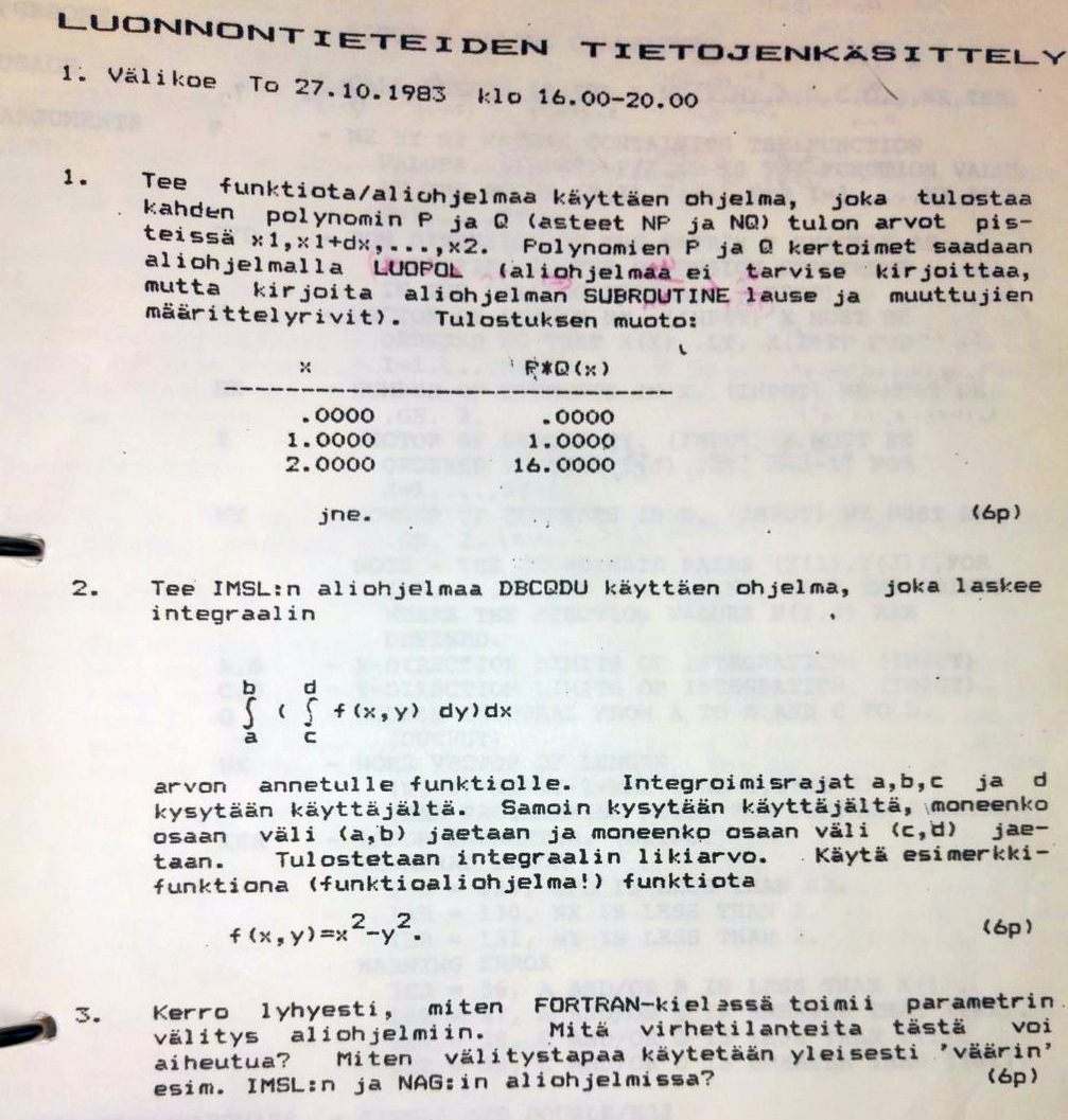 Luonnontieteiden tietojenkäsittely syksy 1983, välikoe