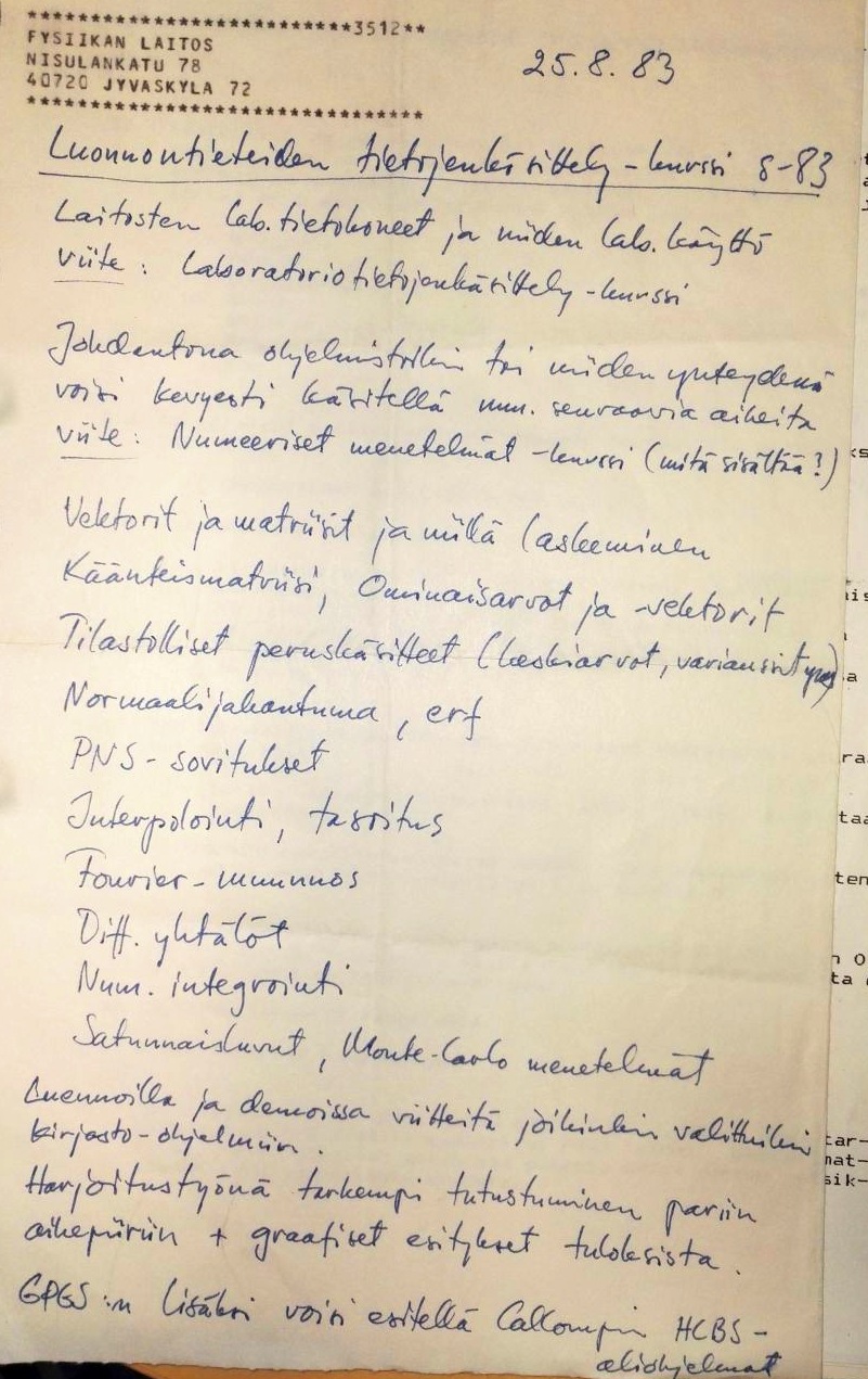 Aarni Perkon kirje kurssin sisällöstä