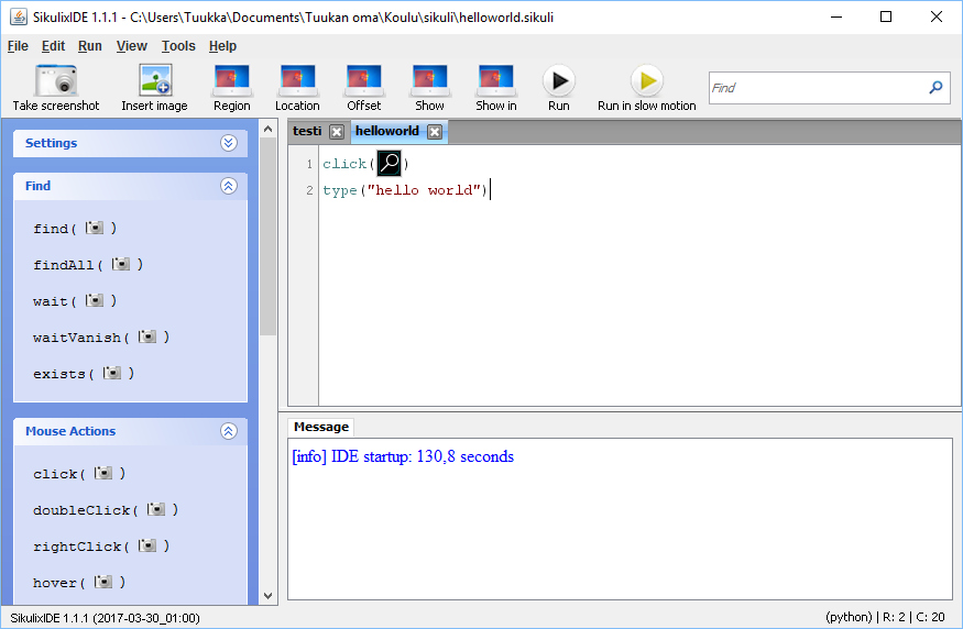SikuliX IDE:n käyttöliittymä.