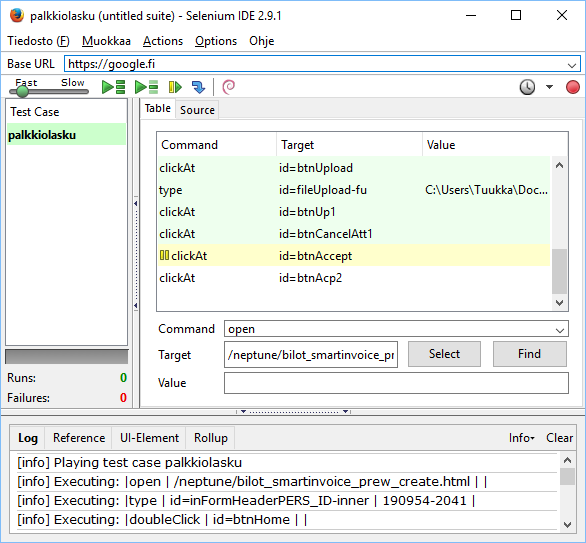 Selenium IDE:n käyttöliittymä.