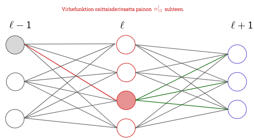 Virhefunktion osittaisderivaatta kerroksen  painon suhteen.