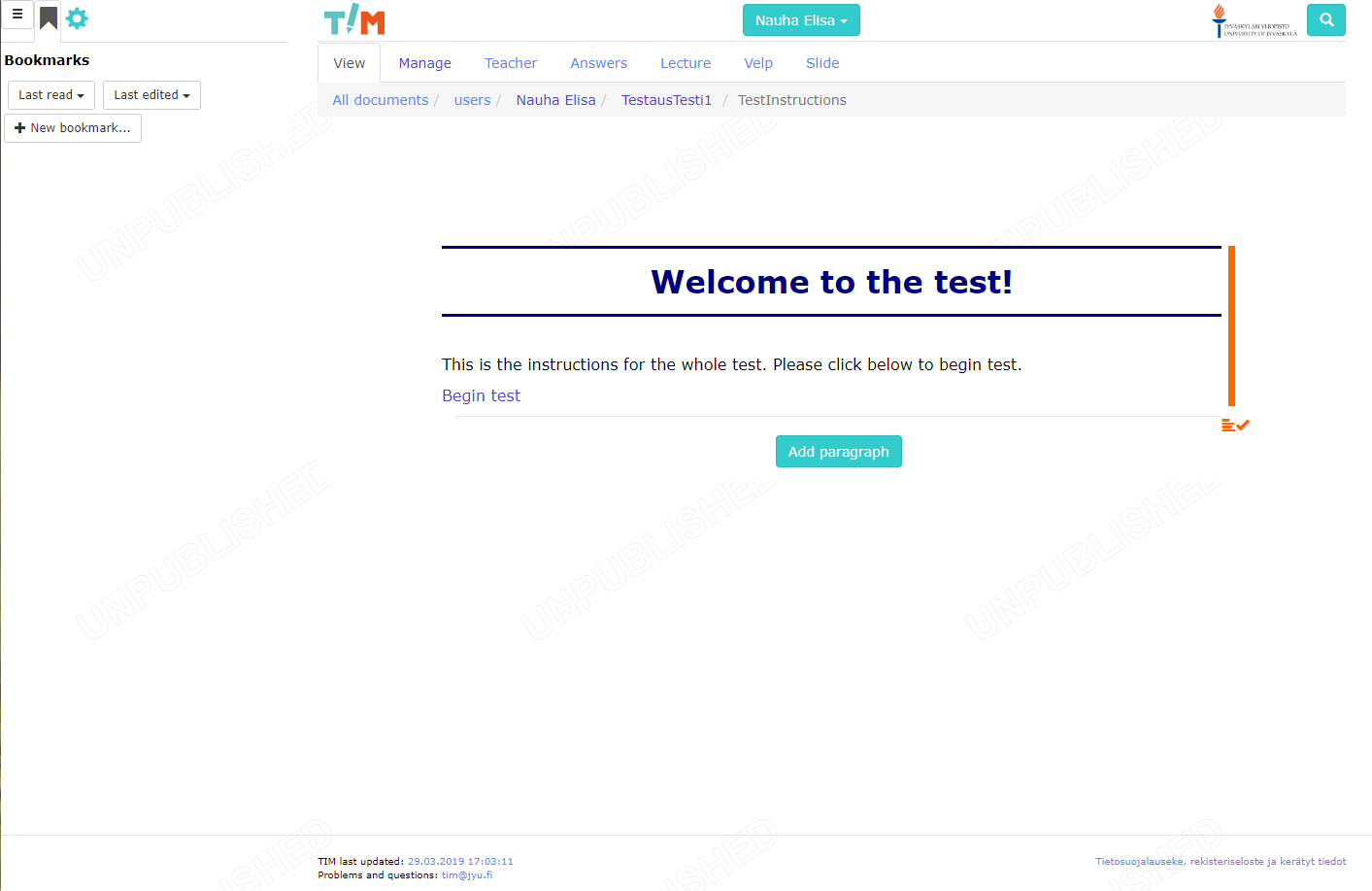 View of test instruction page