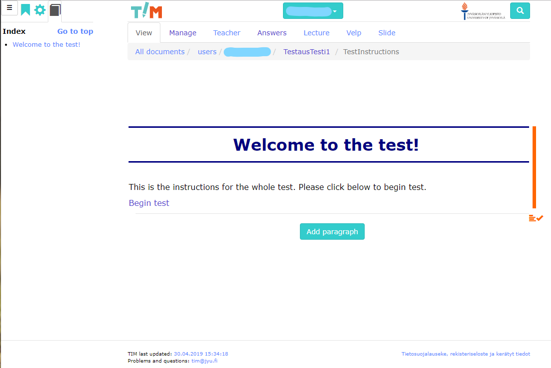 Expected view of test instruction page