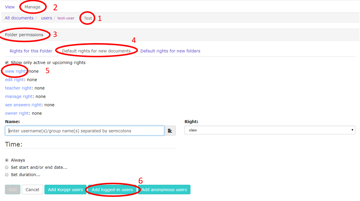 Figure 2.4 Defining the view rights for a folder.