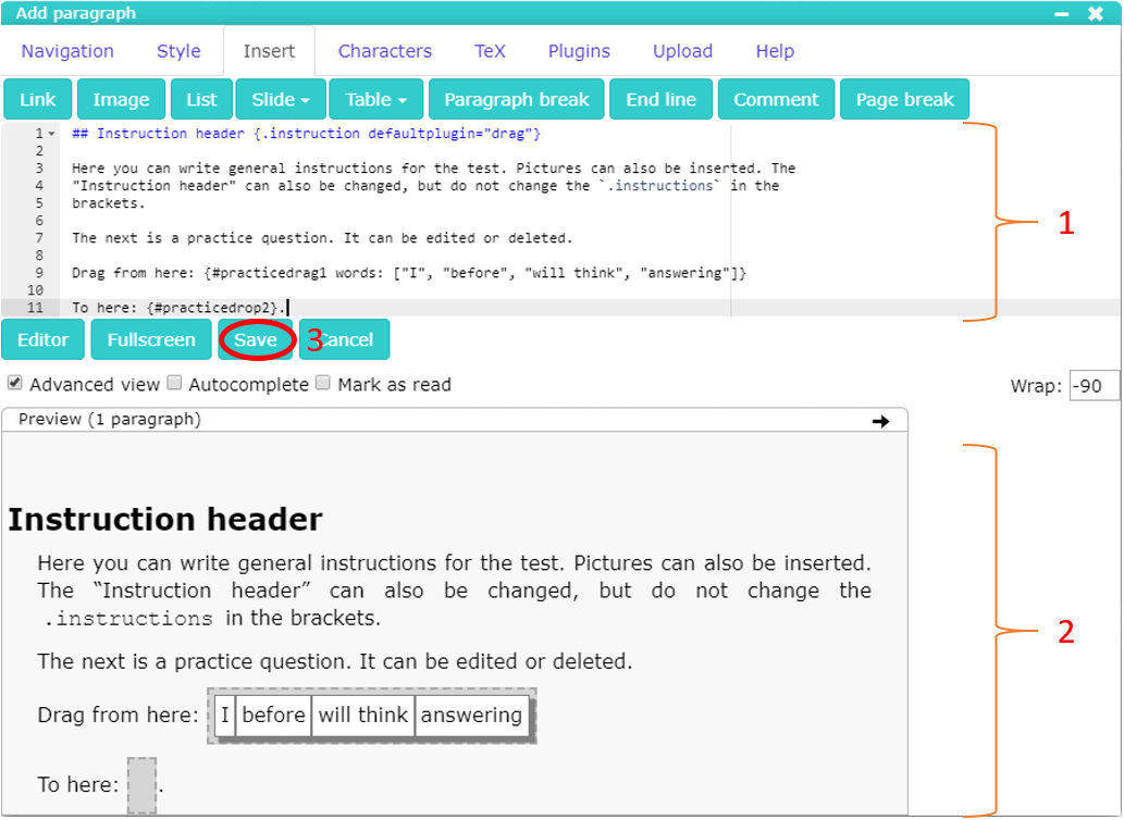 Figure 4.4 Defining instruction block for drag & drop task.