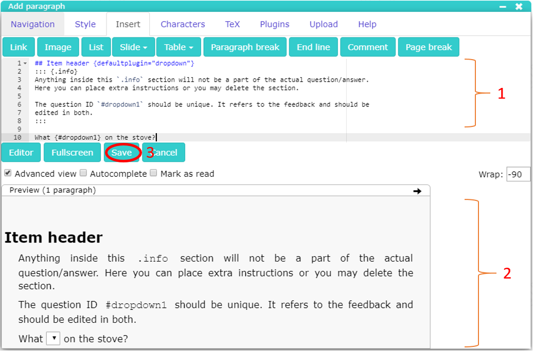 Figure 4.5 Defining the content for a dropdown question item block.