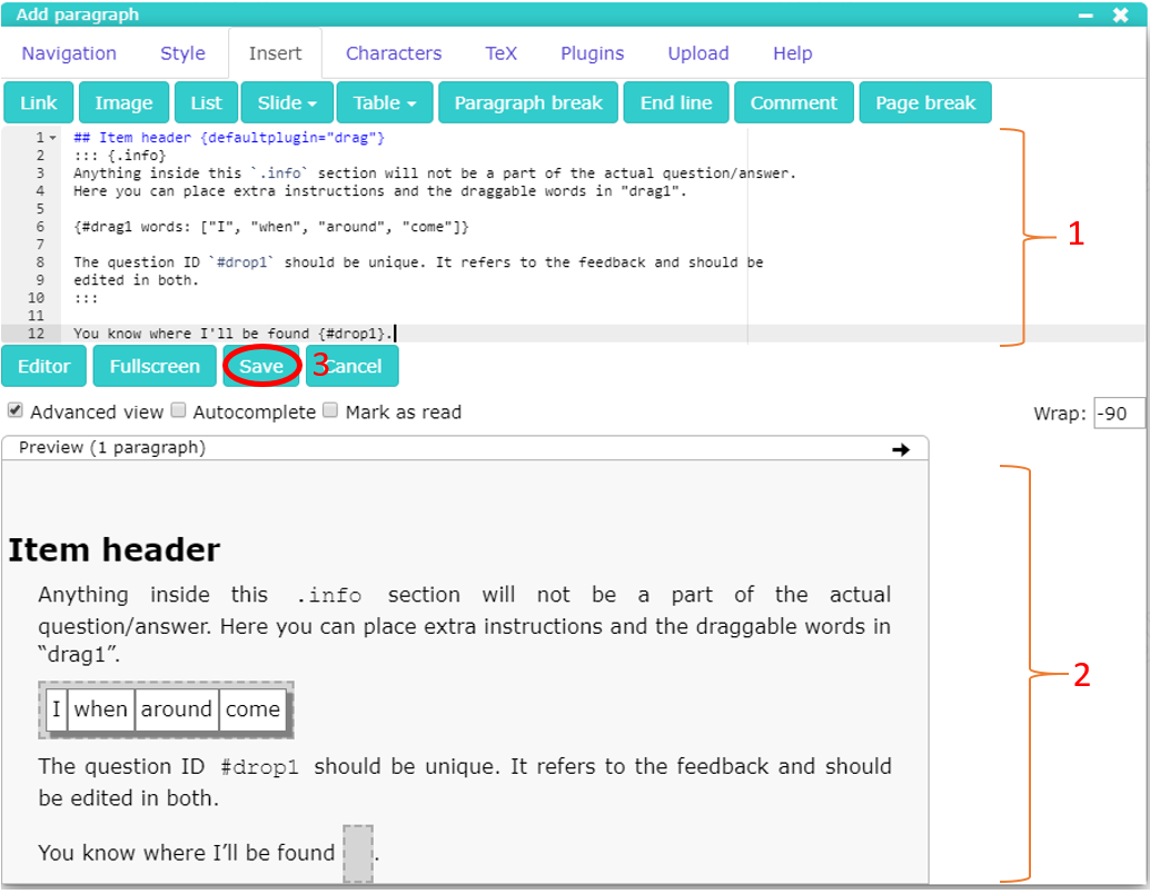 Figure 4.6 Defining the content for a drag & drop question item block.