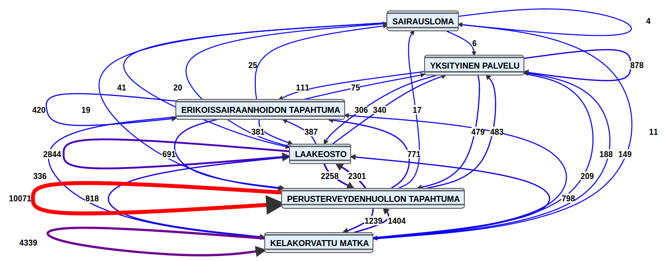 Esimerkkivisualisointi lonkkaprotetisoitujen asiakkaiden kulusta.