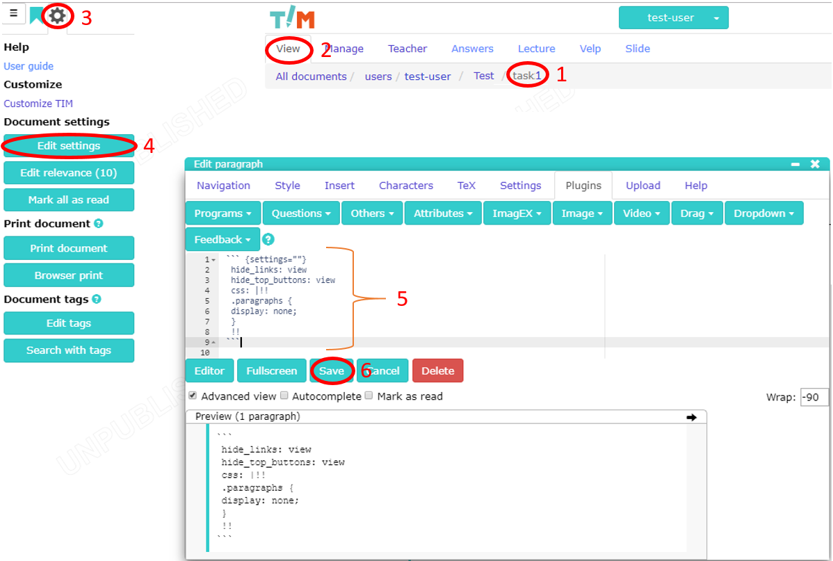 Figure 2.7 Setting the view of the task documents of the test.