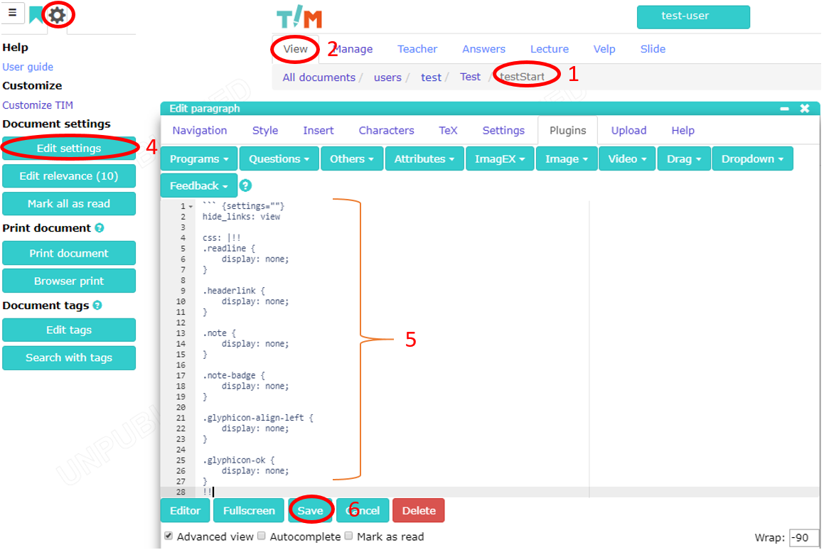 Figure 2.6 Setting the view of the start and end documents of the test.