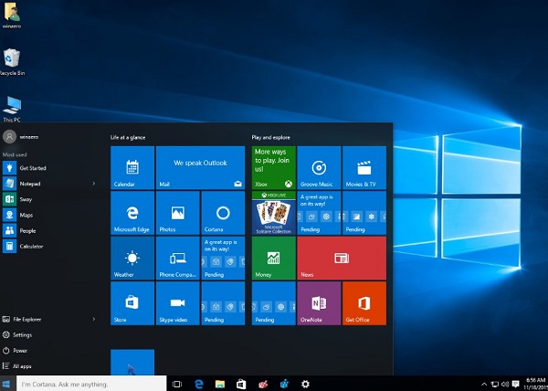 Kuva 3.17 Windows 10-käyttöjärjestelmä, jossa käyttäjällä on auki Käynnistä-valikko.