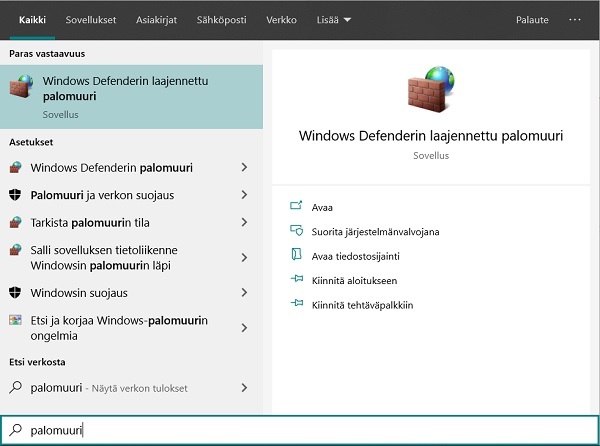 Kuva 4.4 Windows Defenderin yhteydessä on saatavilla palomuuri. Ohjelmisto on valmiina Windows-käyttöjärjestelmien tietokoneissa.