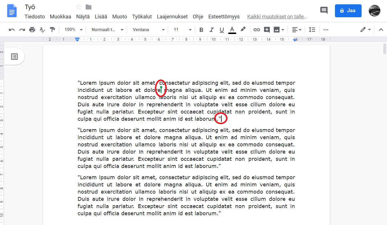 Kuva 3.27 Google Docsissa luotu tekstidokumentti on kuvassa auki kahdella käyttäjällä samanaikaisesti. Pienet pystymerkinnät kertovat, missä tekstin kohdissa kukin käyttäjä on.