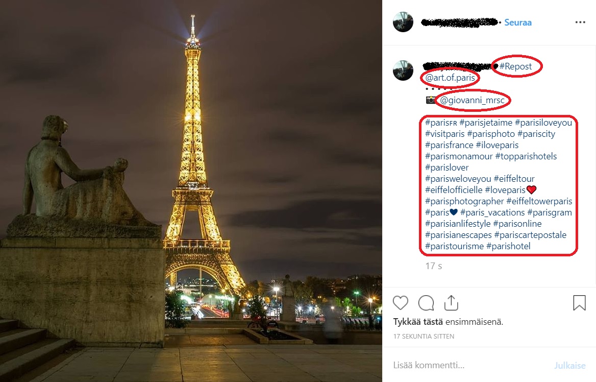 Kuva 8.2 Instagramissa kuva on uudelleenjulkaistu vieraan käyttäjän tilillä. Merkintä "Repost" ja nimimerkki tämän perässä viittaavat alkuperäisen kuvan profiiliin. Käyttäjän lisäämät tunnisteet eli tägit auttavat kuvan löytymistä Instagramin hakupalvelussa.