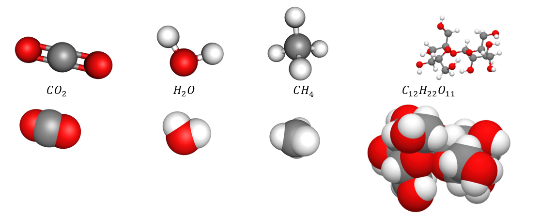 Hiilidioksidin, veden, metaanin ja sakkaroosin (sokerin) molekyylimallit. Molekyyleistä esitetty sekä pallotikkumallit että kalottimallit. Molekyyleissä atomit ovat liittyneet toisiinsa kovalenttisilla sidoksilla, joita pallotikkumallissa kuvataan atomien väliin piirretyllä viivalla.