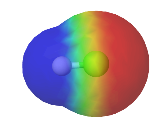 Vetyfluoridimolekyylin elektronitiheyspinta mallinnettuna. Punaisella alueella elektronitiheys on suurempi ja sinisillä alueilla elektronitiheys on pienempi. Vedyllä on siis positiivinen osittaisvaraus ja fluorilla negatiivinen osittaisvaraus.