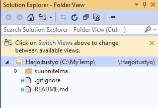 Visual Studio avaa haetun etavaraston Solution Explorer -ikkunassa.