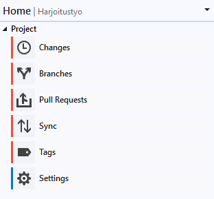 Visual Studion Team Explorer -välilehden Home-ikkuna.