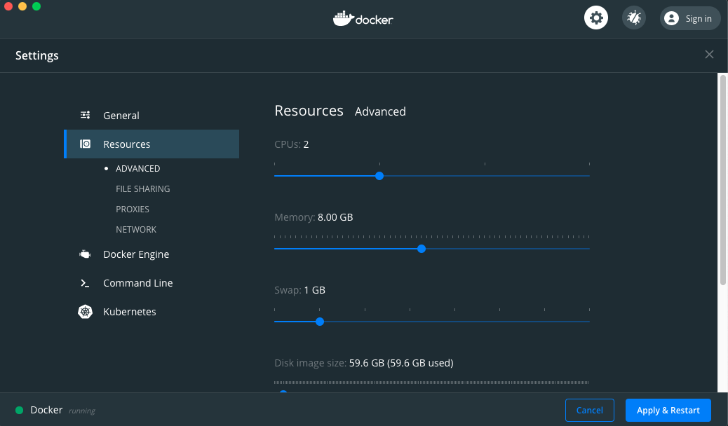 Docker desktop settings