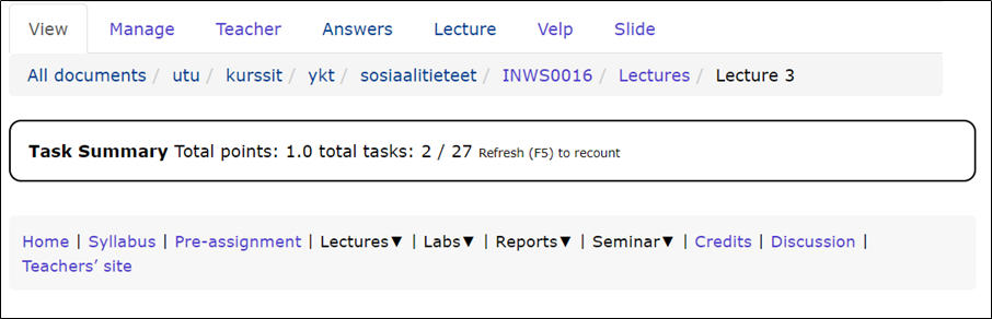 Figure: Example of the Task summary. The individual has completed two out of 27 tasks and has earned one point.