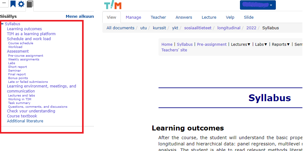 Figure: Table of contents (highlighted with red).