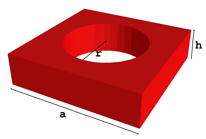 Figure M1: The three geometry parameters a, h and r labelled in a unit cell with a lattice constant of , thickness of and hole radius of , defined with a=200, h=50 and r=65.