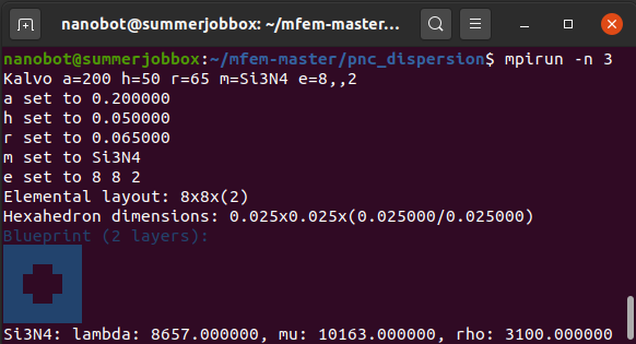 Figure M3: A screenshot of a command prompt (first two lines) followed by the produced Kalvo terminal output with the blueprint of the base mesh with a=200, h=50 and r=65 printed in the bottom left-hand side of the console, corresponding to the mesh stage in Figure M4b. (Note that the displayed double type values set for a, h and r are scaled for the simulation and thus are not in nanometers internally.)