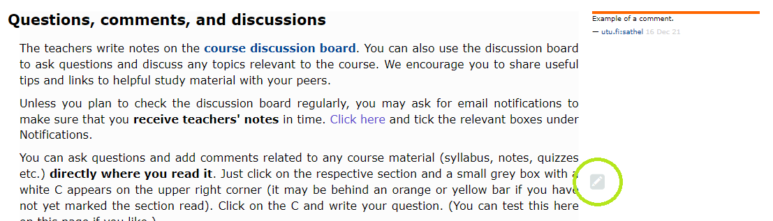 Figure:Screenshot of how to find the button for commenting. See the grey box with a white pen within the green circle.
