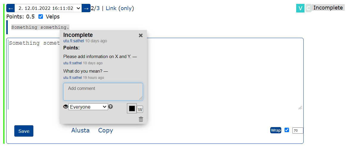 Figure: Example of the written feedback to the question, followed by a question from a student. Note: sometimes it takes a bit of time for the text box to appear for writing a new comment after opening the comment (velp in TIM lingo).
