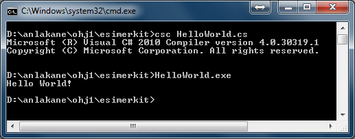 Image 1: Compiling and running the HelloWorld program in the Windows command prompt.